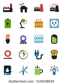 Color and black flat icon set - hot cup vector, factory, brightness, battery, charge, desk lamp, heater, eco house, socket, power plug, water, radiator, bulb, energy saving, sun panel, windmill
