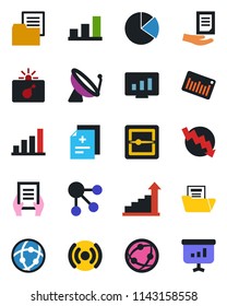 Color and black flat icon set - satellite antenna vector, bomb in case, growth statistic, crisis graph, document, monitor, diagnosis, folder, barcode, network, scanner, bar, pie, wireless