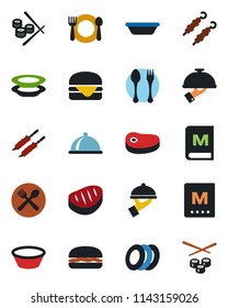 Color and black flat icon set - spoon and fork vector, dish, cafe, menu, plates, waiter, steak, kebab, hamburger, bowl, sushi