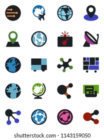 Color and black flat icon set - satellite antenna vector, bomb in case, globe, plane, earth, pin, consolidated cargo, network, share, news, social media