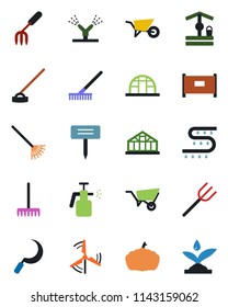 Color and black flat icon set - fence vector, garden fork, farm, rake, wheelbarrow, well, hoe, sickle, plant label, pumpkin, greenhouse, sprayer, drip irrigation, windmill