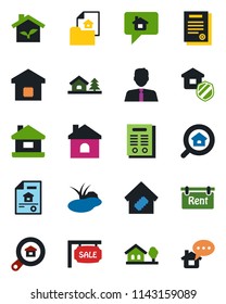 Color and black flat icon set - house vector, pond, contract, with tree, estate document, sale, rent, search, agent, smart home, insurance, eco, message