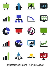 Color and black flat icon set - growth statistic vector, presentation board, monitor, circle chart, pulse, statistics, bar graph, pie, hierarchy, arrow up, crisis