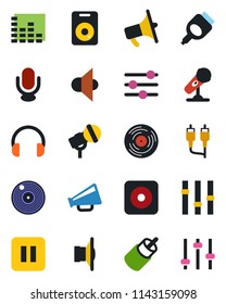 Color and black flat icon set - vinyl vector, microphone, speaker, loudspeaker, settings, equalizer, headphones, pause button, rec, rca, hdmi, tuning