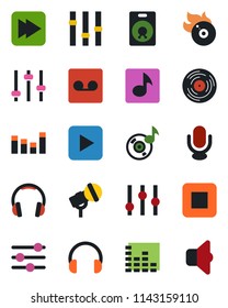 Color and black flat icon set - vinyl vector, flame disk, microphone, settings, equalizer, headphones, speaker, play button, stop, fast forward, tuning, record, music, sound