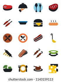 Color and black flat icon set - spoon and fork vector, cafe, salad, plates, bacon, waiter, bread, chicken, steak, kebab, hamburger, ladle, bowl, rolling pin, cheese