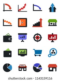 Color and black flat icon set - checkroom vector, growth statistic, crisis graph, store, monitor statistics, pie, target, consumer search, arrow up, wallet, cart, presentation, storefront