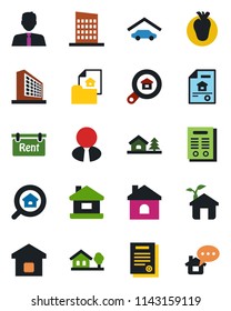 Color and black flat icon set - office building vector, house, real heart, contract, with tree, garage, estate document, rent, search, agent, smart home, city, eco, message