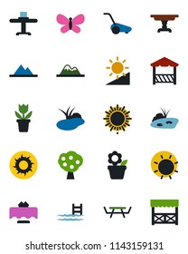 Color and black flat icon set - sun vector, flower in pot, lawn mower, butterfly, pond, picnic table, brightness, pool, fruit tree, mountains, restaurant, alcove