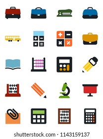 Color and black flat icon set - airport bus vector, book, calculator, abacus, presentation board, microscope, case, paper clip, pencil, stapler