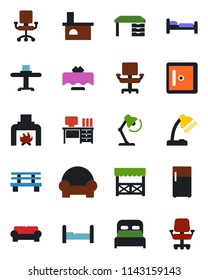 Color and black flat icon set - bed vector, checkroom, desk, bench, fireplace, office chair, lamp, bedroom, cushioned furniture, restaurant table, alcove, fridge