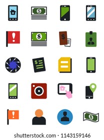 Color and black flat icon set - mobile phone vector, identity card, document, important flag, cash, tracking, cell, camera, user, restaurant receipt, home control app