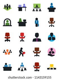 Color and black flat icon set - reception vector, office chair, manager place, client, desk, hierarchy, company, estate agent, group