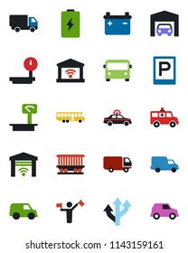 Color and black flat icon set - dispatcher vector, airport bus, parking, alarm car, ambulance, route, railroad, delivery, heavy scales, garage, gate control, battery