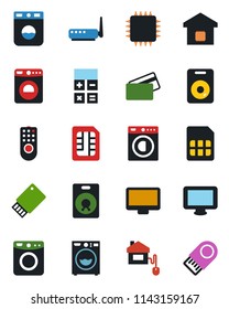 Color and black flat icon set - washer vector, calculator, monitor, speaker, sim, smart home, credit card, control, chip, remote, router, usb flash