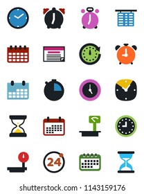 Color and black flat icon set - 24 around vector, alarm clock, flight table, calendar, heavy scales, stopwatch, schedule, sand