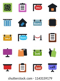 Color and black flat icon set - fence vector, flight table, presentation board, clipboard, sale, rooms, sold signboard, smart home, cutting, chip