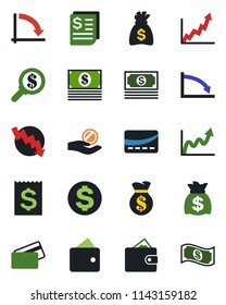 Color and black flat icon set - dollar sign vector, money bag, crisis graph, cash, receipt, credit card, wallet, growth, search, investment