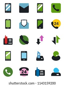 Color and black flat icon set - phone vector, mobile, office, 24 hours, support, cell, radio, mail, call, data exchange