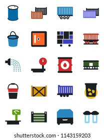 Color and black flat icon set - trash bin vector, checkroom, bucket, watering, railroad, truck trailer, cargo container, consolidated, oil barrel, heavy scales, archive box, water filter