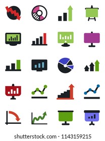Color and black flat icon set - growth statistic vector, presentation board, crisis graph, monitor, circle chart, statistics, bar, pie, point, arrow up