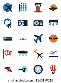 Color and black flat icon set - plane vector, airport tower, radar, departure, wind, helicopter, seat map, globe, air conditioner, fan, paper, balloon