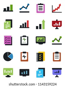Color and black flat icon set - growth statistic vector, monitor, diagnosis, pulse clipboard, statistics, bar graph, pie, checklist, point, presentation