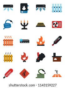 Color and black flat icon set - fire vector, hose, fireplace, thermometer, heater, air conditioner, candle, water, smoke detector, radiator, warm floor