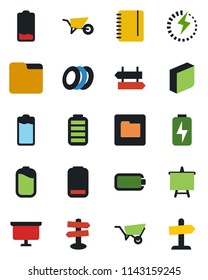Color and black flat icon set - signpost vector, notepad, presentation board, wheelbarrow, battery, low, folder, charge, blank box, plates, guidepost
