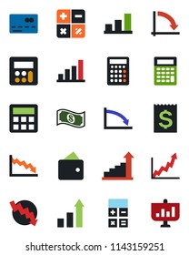 Color and black flat icon set - credit card vector, growth statistic, calculator, crisis graph, receipt, bar, wallet, cash, presentation