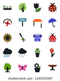 Color and black flat icon set - umbrella vector, sun, flower in pot, ripper, tree, butterfly, lady bug, seedling, rain, plant label, tulip, table