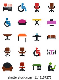 Color and black flat icon set - cafe vector, waiting area, disabled, office chair, desk, picnic table, cushioned furniture, restaurant, man with notebook