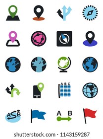 Color and black flat icon set - globe vector, seat map, route, navigation, earth, pin, mobile tracking, network, place tag, compass, flag