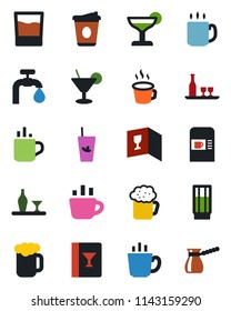 Color and black flat icon set - hot cup vector, coffee machine, water supply, alcohol, wine card, drink, cocktail, phyto bar, beer, turkish