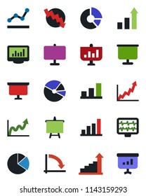 Color and black flat icon set - growth statistic vector, presentation board, crisis graph, circle chart, monitor pulse, statistics, bar, pie, point