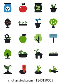 Color and black flat icon set - flower in pot vector, seedling, tree, sproute, plant label, fertilizer, fruit, salad, apple, eco house, palm