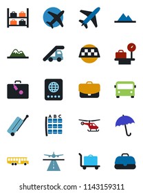 Color and black flat icon set - plane vector, runway, taxi, suitcase, baggage trolley, airport bus, umbrella, passport, ladder car, helicopter, seat map, luggage storage, scales, mountains, case