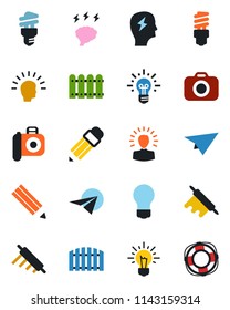 Color and black flat icon set - brainstorm vector, bulb, camera, pencil, fence, rolling pin, energy saving, shining head, idea, paper plane, crisis management