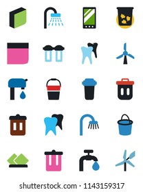 Color and black flat icon set - trash bin vector, shower, bucket, tooth, mobile, blank box, water supply, bathroom, serviette, filter, windmill