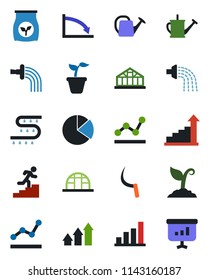 Color and black flat icon set - growth statistic vector, seedling, watering can, sproute, sickle, greenhouse, fertilizer, drip irrigation, bar graph, pie, point, career ladder, arrow up, crisis