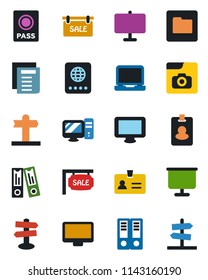 Color and black flat icon set - passport vector, identity, office binder, document, signpost, monitor, laptop pc, folder, photo gallery, presentation board, sale, pass card, guidepost