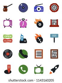Color and black flat icon set - alarm clock vector, phone, abacus, stamp, plant label, vinyl, flame disk, radio, tv, call, open close, turkish coffee, rocket