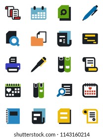 Color and black flat icon set - contract vector, book, document search, pen, calendar, printer, medical, folder, news, copybook, schedule
