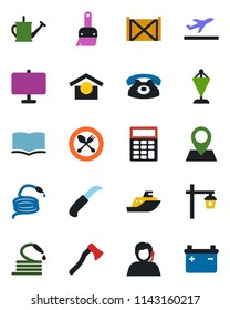 Color and black flat icon set - departure vector, spoon and fork, book, pennant, watering can, hose, garden knife, axe, light, pin, support, sea shipping, container, warehouse storage, themes, phone