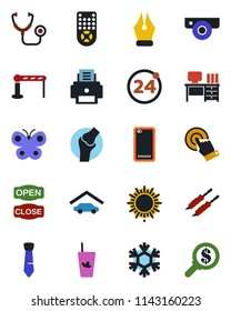 Color and black flat icon set - barrier vector, 24 around, sun, desk, butterfly, stethoscope, joint, remote control, touch screen, phone back, ink pen, printer, tie, garage, phyto bar, open close