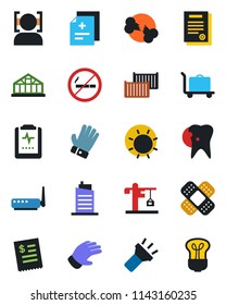 Color and black flat icon set - baggage trolley vector, no smoking, glove, sun, greenhouse, diagnosis, patch, caries, broken bone, pulse clipboard, cargo container, torch, face id, contract, crane
