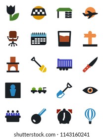 Color and black flat icon set - taxi vector, male, baggage larry, office chair, desk, meeting, job, shovel, fireplace, eye, signpost, plane, truck trailer, term, tulip, alarm, key, drink, knife