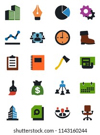 Color and black flat icon set - money bag vector, boot, axe, settings, themes, clipboard, calendar, copybook, company, clock, office building, pie graph, news, document search, hr, ink pen, point