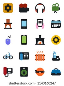 Color and black flat icon set - plane vector, mobile phone, mouse, document, sun, fireplace, bike, term, video camera, cell, headphones, radio, speaker, settings, office, heater, intercome, case