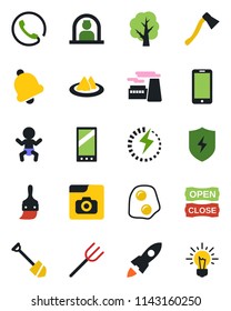 Color and black flat icon set - baby vector, reception, mobile phone, job, factory, farm fork, tree, axe, protect, themes, bell, photo gallery, charge, serviette, open close, omelette, rocket, idea